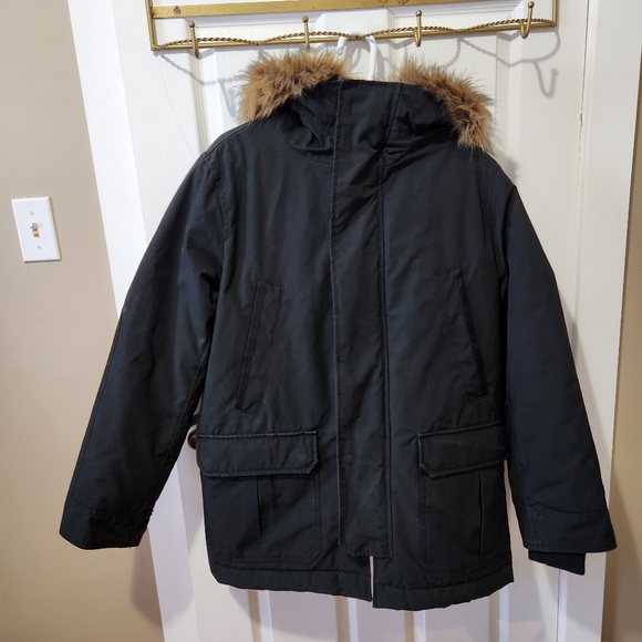 GAP black winter coat parka faux fur trim hood zip front medium - Picture 4 of 16